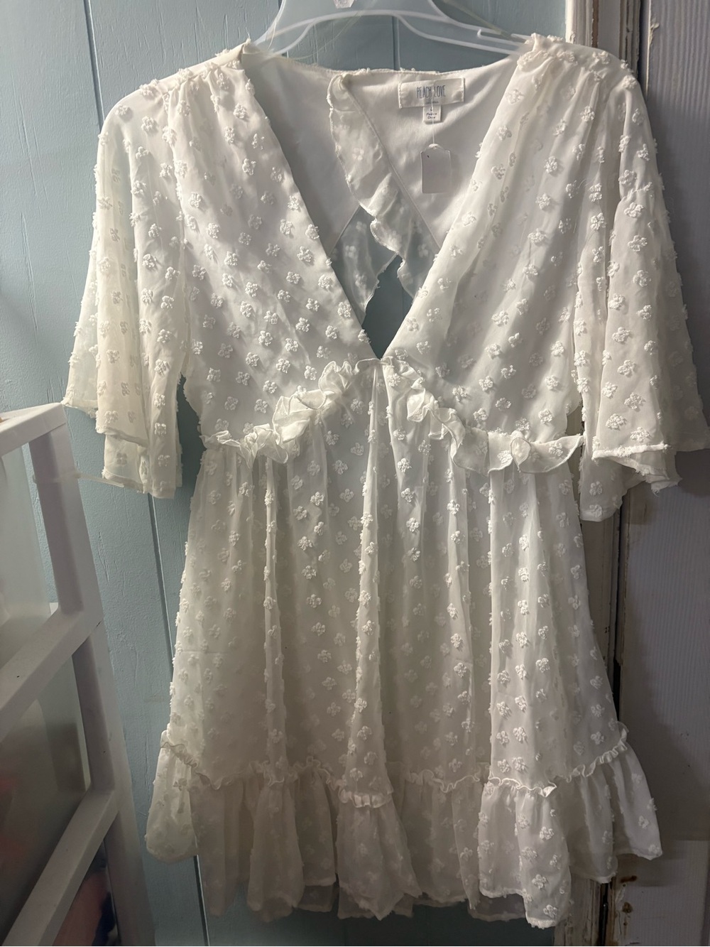 Peach Love California White Floral Swiss Dot Mini Dress